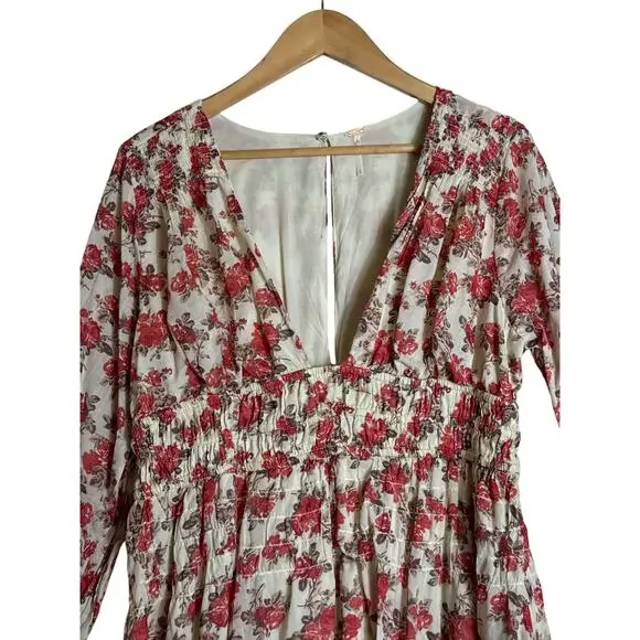 Free People Keep You Smocked Dress Floral Boho Mini Long Sleeve Size L EUC - Picture 6 of 11